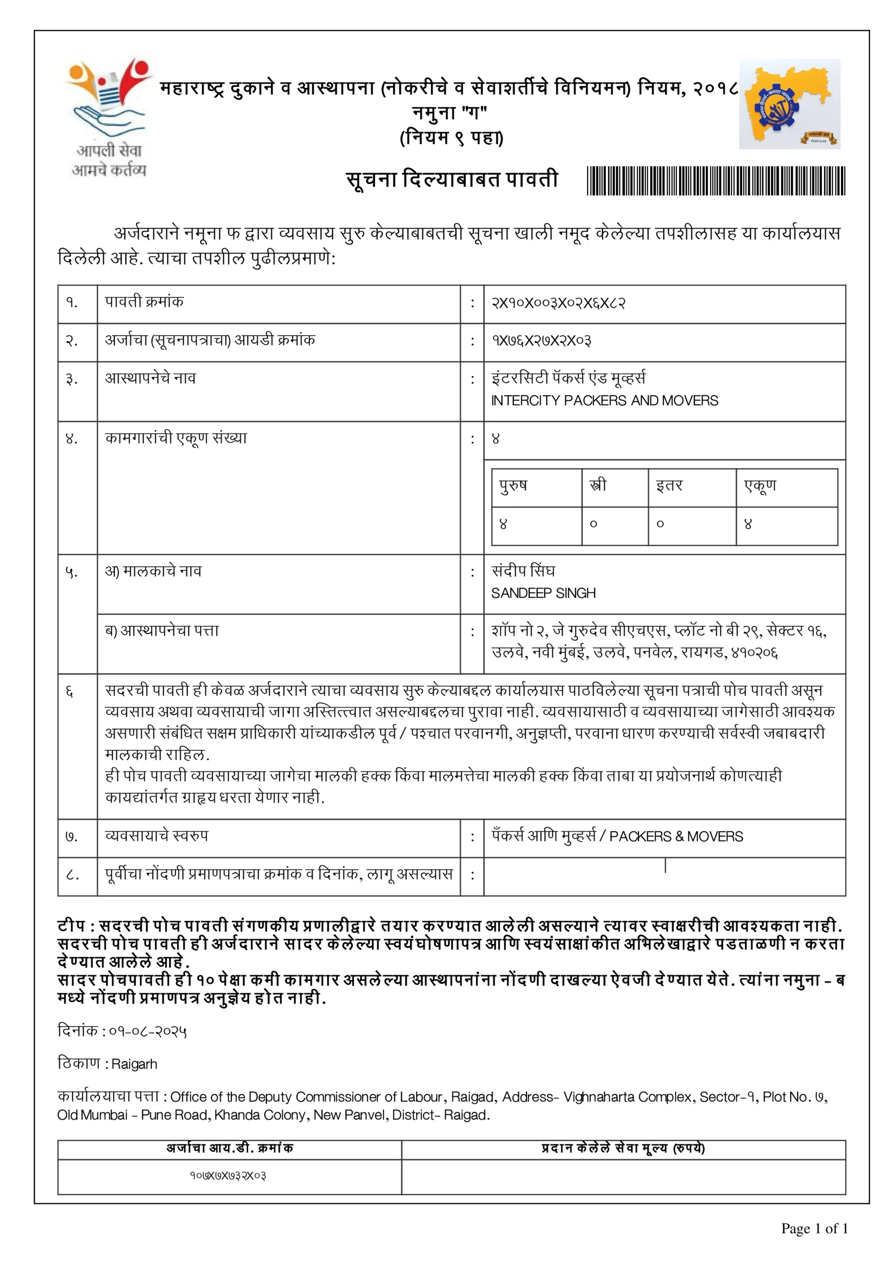Shop Act Licence (Gumasta Registration) Sample Certificate