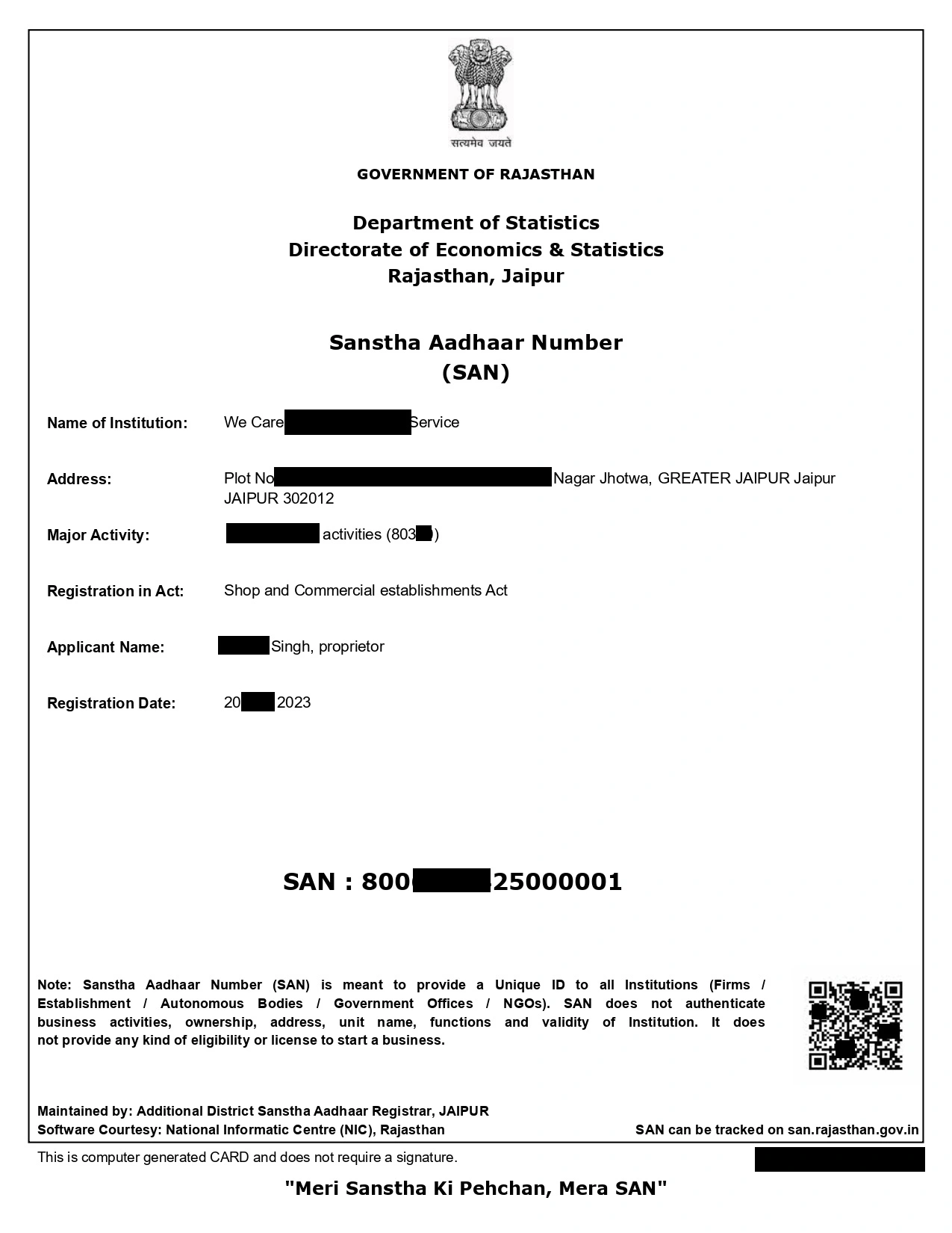 Sanstha Aadhaar BRN Registration Certificate Sample